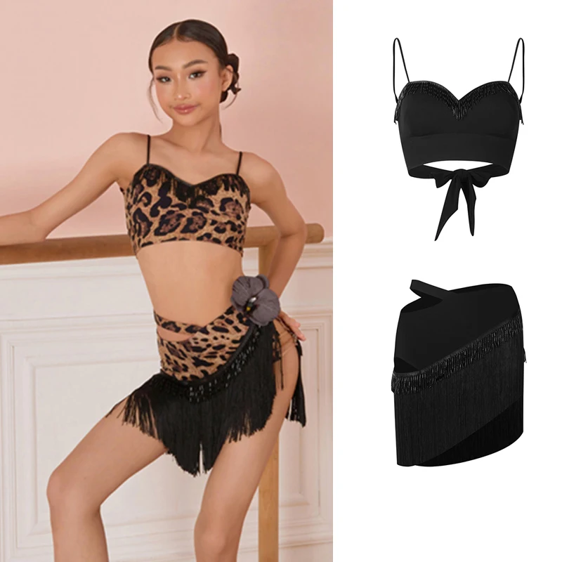 ZYM Child Latin Dance Competition Costume For Girls Backless Top Fringed Skirt Kids Samba Chacha Latin Dance CLothing DQS20016