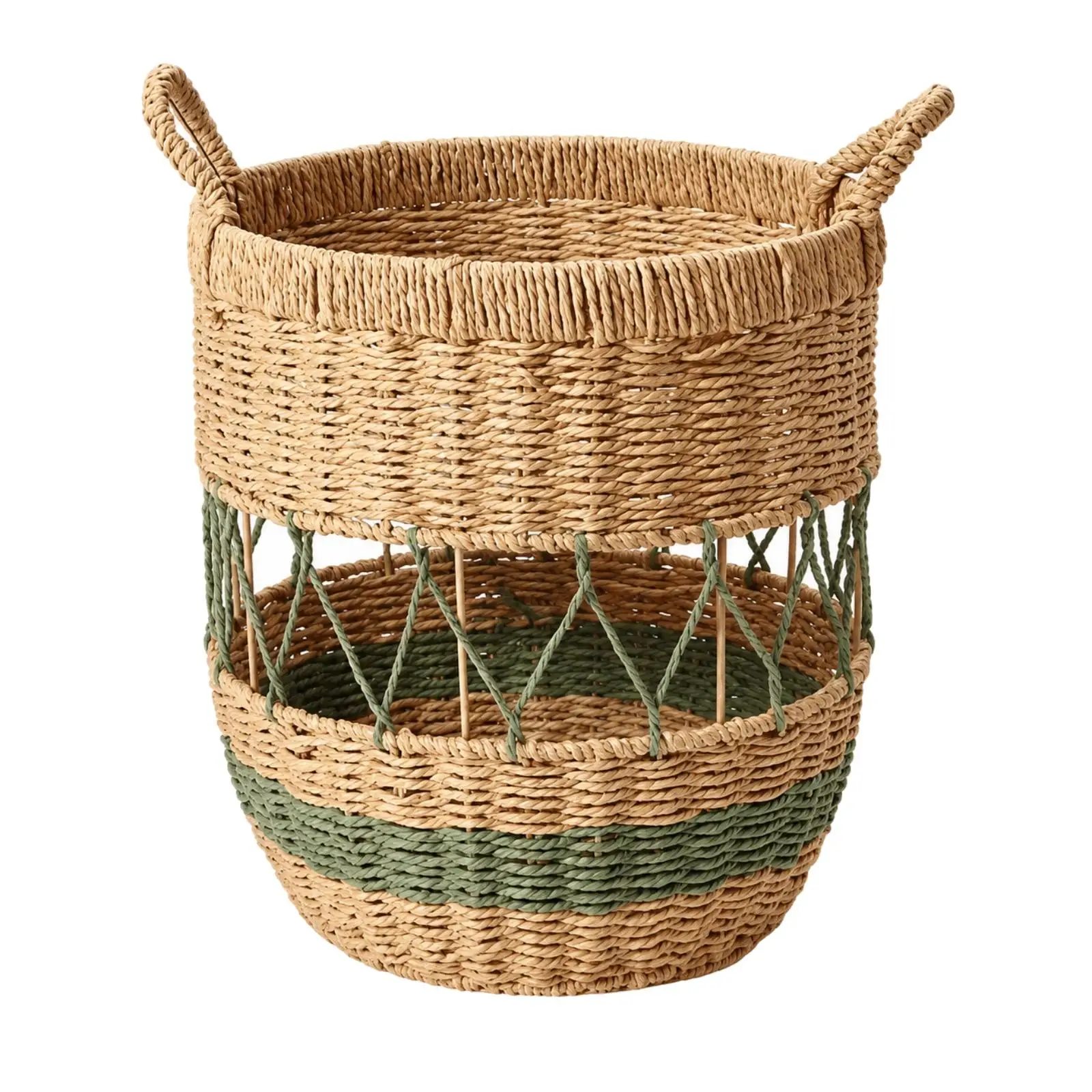 Woven Rope Storage Basket with Loop Handles Cylindrical Rope Basket with Openwork Section Roomy for Laundry Room, Bedroom