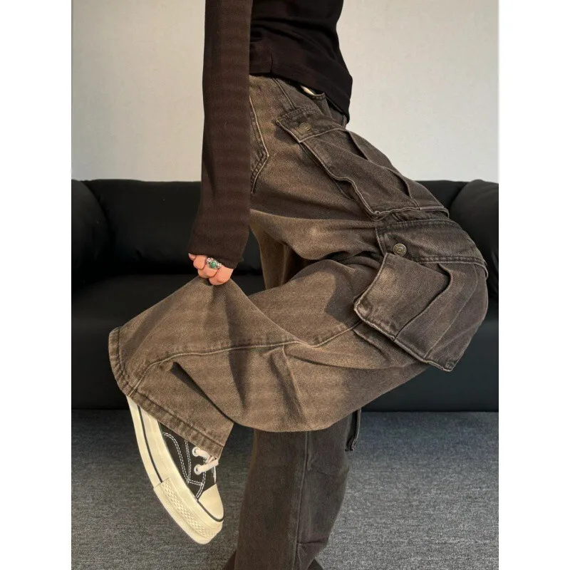

Street Style Cool Loose Jeans for Women Plus Size Vintage Distressed Washed Multi Pocket Cargo Casual Pants
