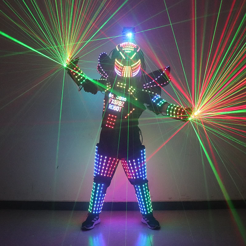 Pixel a colori LED Costume da robot Vestito da ballo di scena LED Giacca luminosa Abbigliamento Abbigliamento da prestazione Casco laser con guanti laser