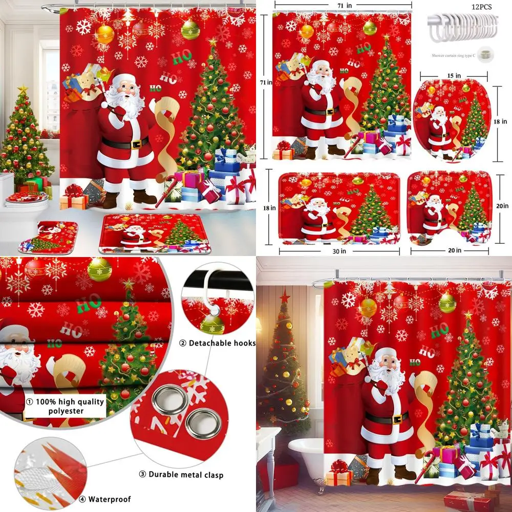 

4-Piece Christmas Bathroom Set: Shower Curtain, Rugs, and Toilet Lid Cover with Santa and Gifts