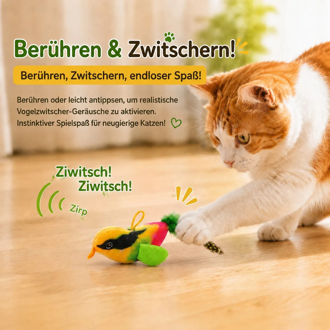 Interaktives hängendes Katzenspielzeug Vogel-Teaser mit elastischem Seil, Sound und Katzenminze, wandmontiertes Indoor-Spielzeug für Katzen und Kätzchen zum Jagen und Spielen – Detail 3