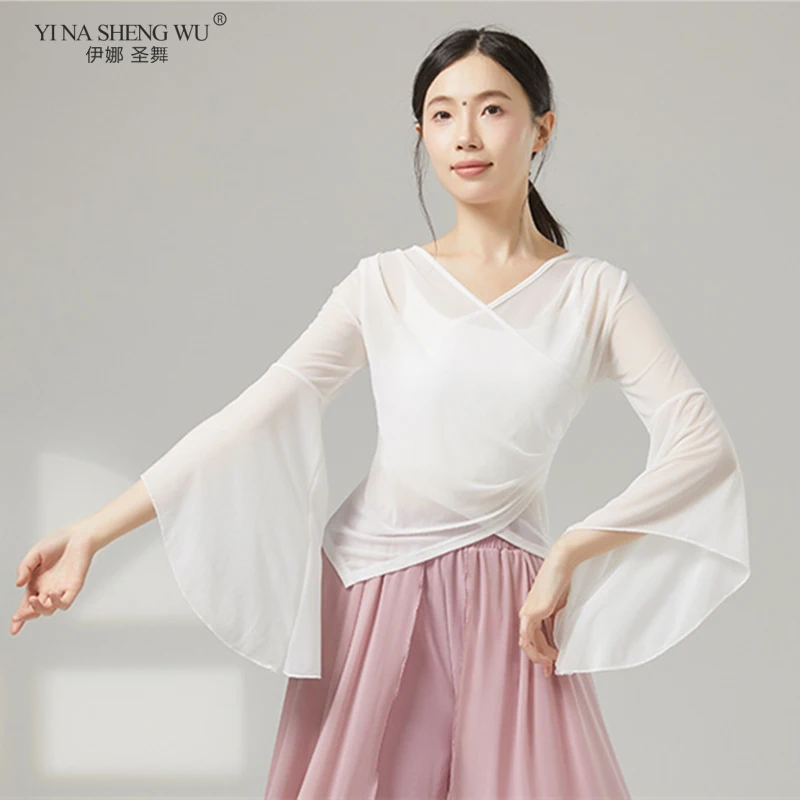 

Классический танцевальный сетчатый топ, женская рубашка с рукавами-трубой, тренировочный костюм для соревнований, китайская народная танцовщица Hanfu