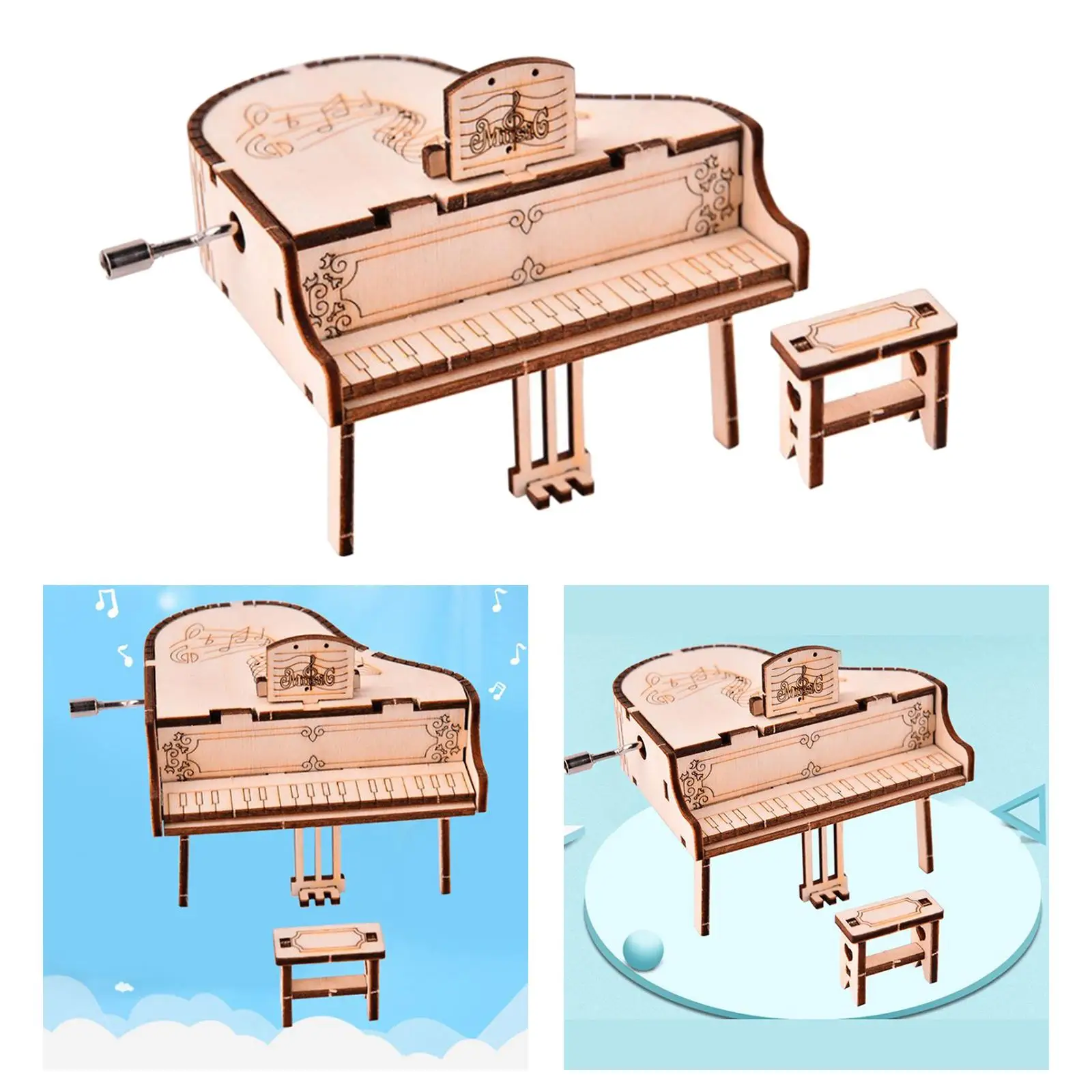 DIY 3D Wooden Piano Model Hand Crank Engraved Music Box Collections