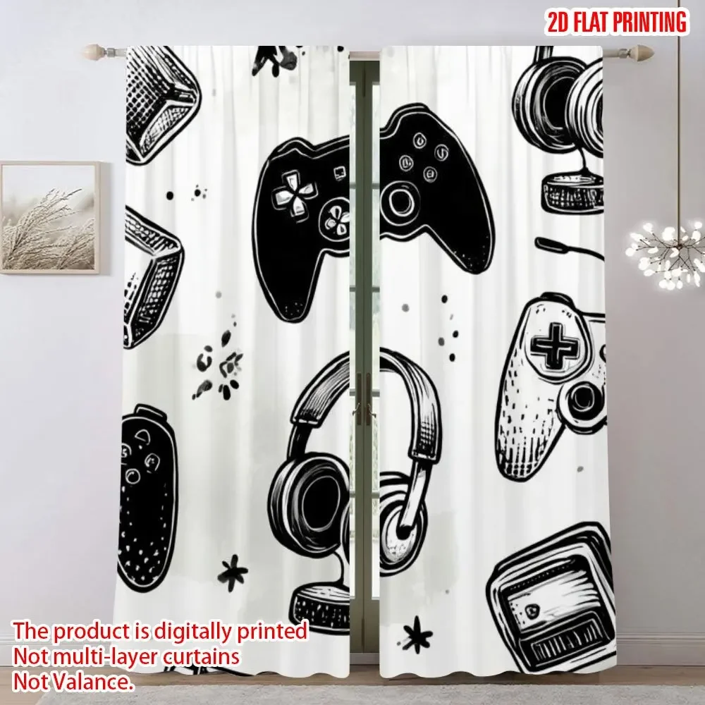 Fun Gamer Pop Art Window Curtains Controller Pattern Black White Drape Gaming Room Decor Man Cave Curtain