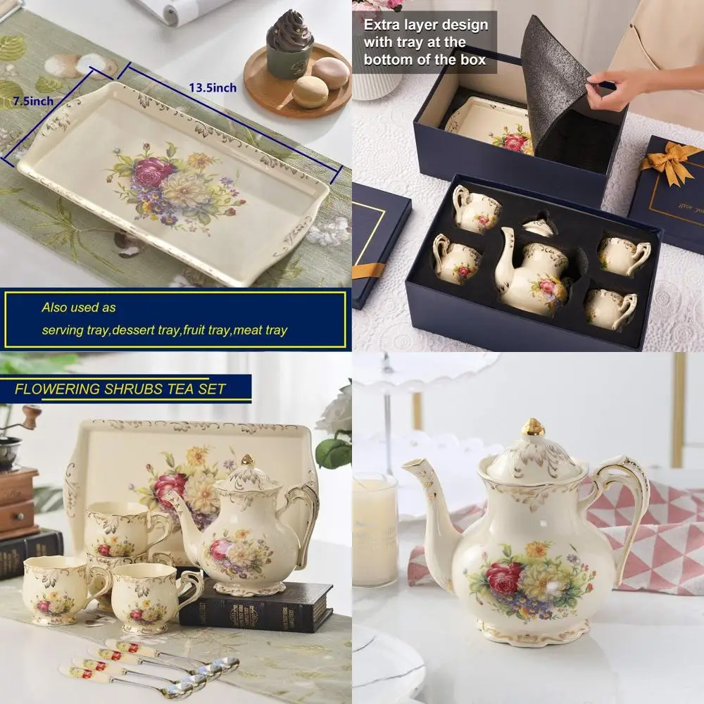 

Elegant Vintage Porcelain Teaware Set with Flowering Plants for Mom's Birthday or Wedding