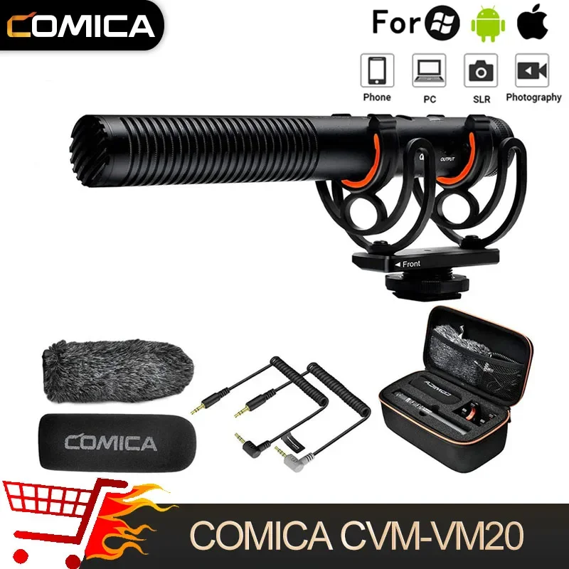 Micrófono condensador profesional Comica CVM-VM20 con soporte antivibraciones y control de ganancia, micrófono tipo shotgun recargable para teléfono móvil, cámara de PC