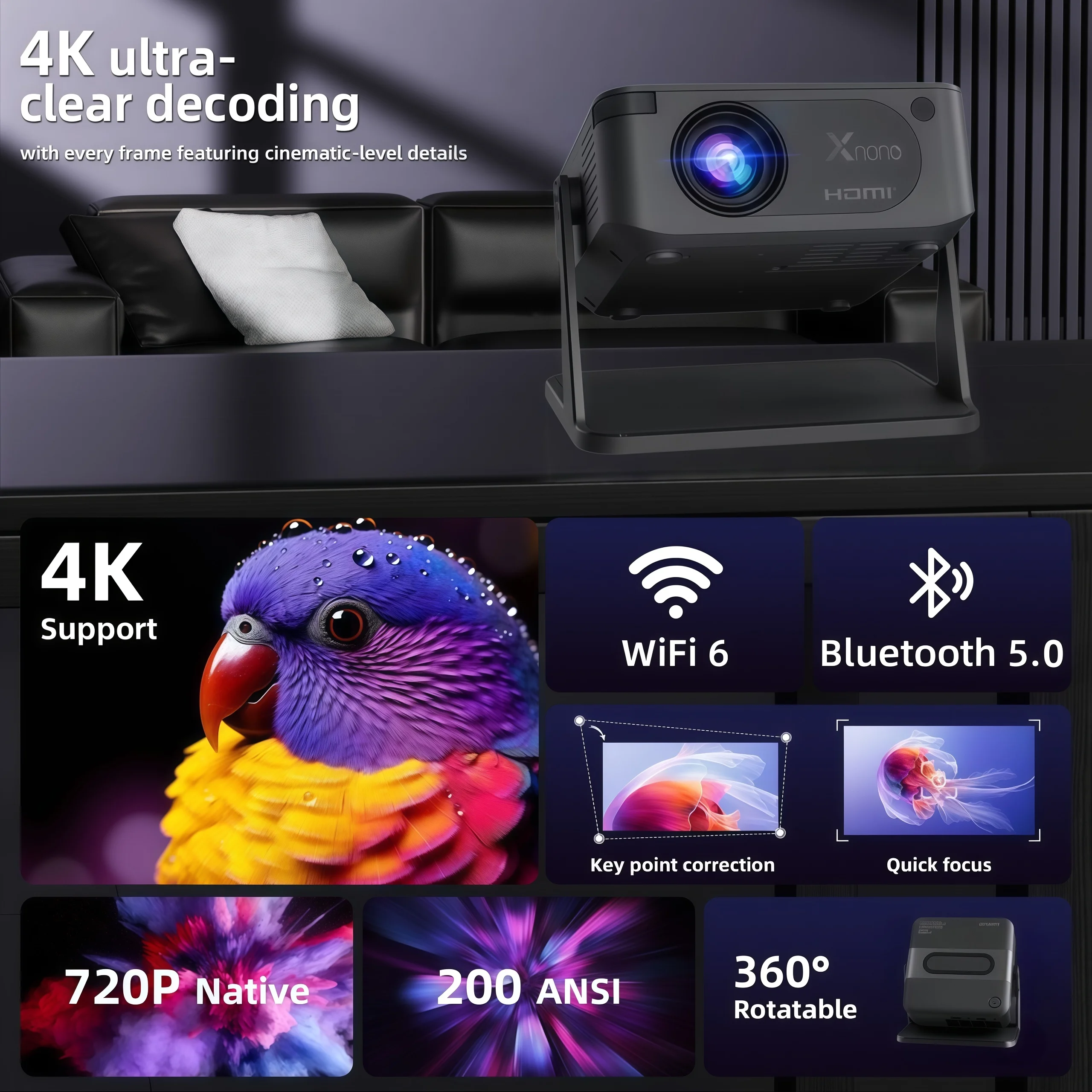 Xnano HA109 Native 720p Projector, 200 ANSI Lumens, Wi-Fi 6, Bluetooth 5.0, Portable Mini Projector, 4K Decoding, 360° Rotatable Stand, Auto Keystone Correction, Home Theater and Outdoor Movie Projector for the Bedroom