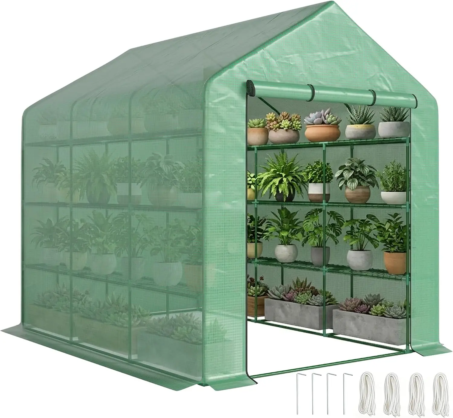 

Walk-in Greenhouse 8x6x7 ft, Large Outdoor Plant Hot House w/ 4-Tier Shelves (18 Pots), Green PE Cover, Steel Frame, Roll-Up Zipper Door, Green
