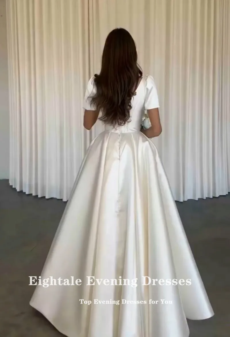 فستان زفاف عربي Eightale برقبة على شكل حرف v مخصص من الساتان العاجي وأكمام قصيرة فستان زفاف على شكل حرف a طول الأرض فستان حفلات العروس