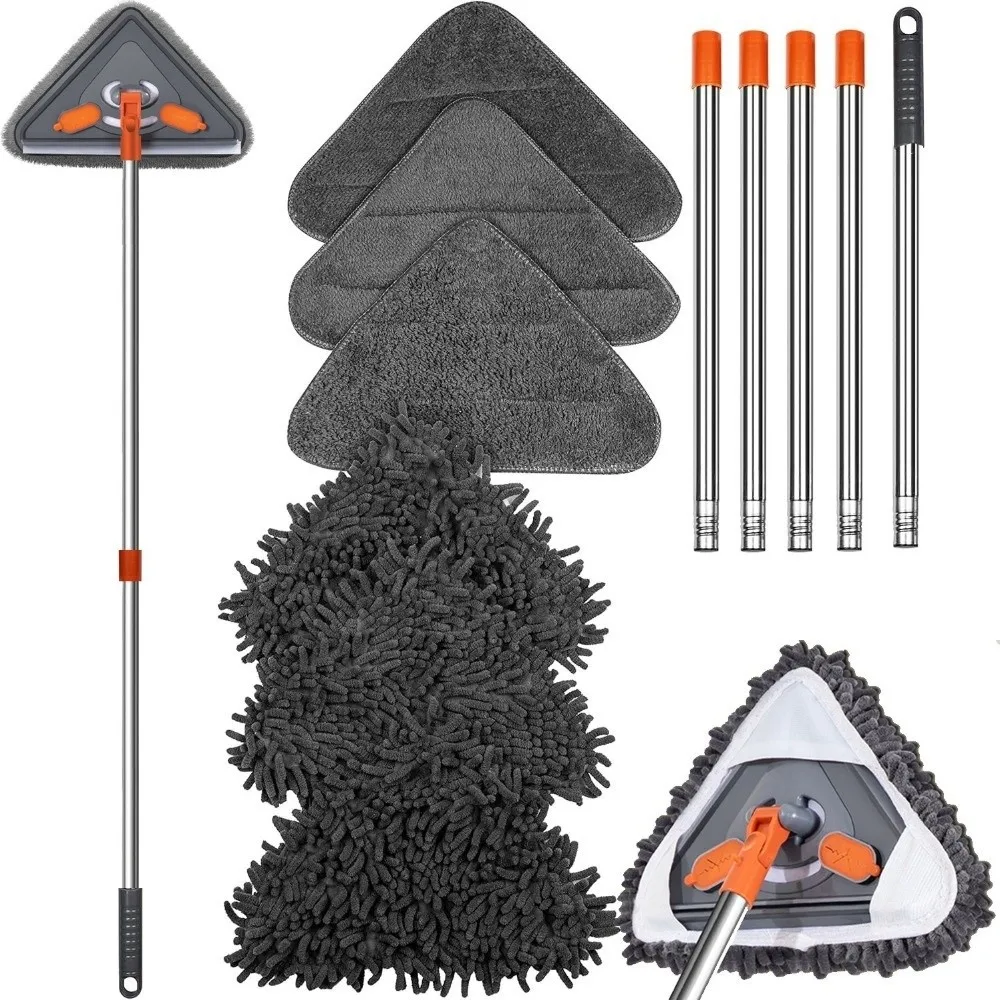 360° Rotatable Window Cleaning Mop Extension Pole Triangle Shape Glasss Wall Mop Dry And Wet Use Long Handle Cleaner For Ceiling