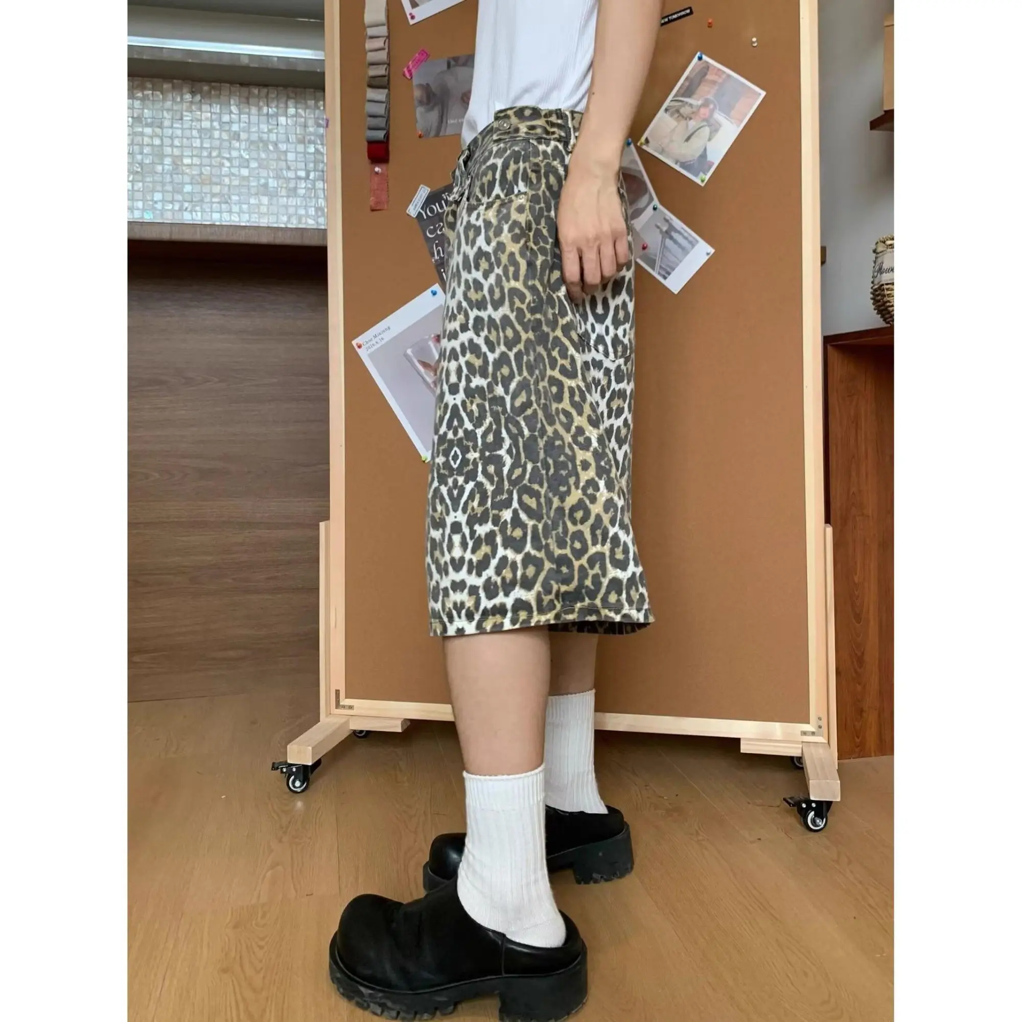 Summer Men's Retro Leopard Print Camouflage Shorts Vintage Casual Young Boy Wide Leg Bottom Male High Waist Mid-length Pants