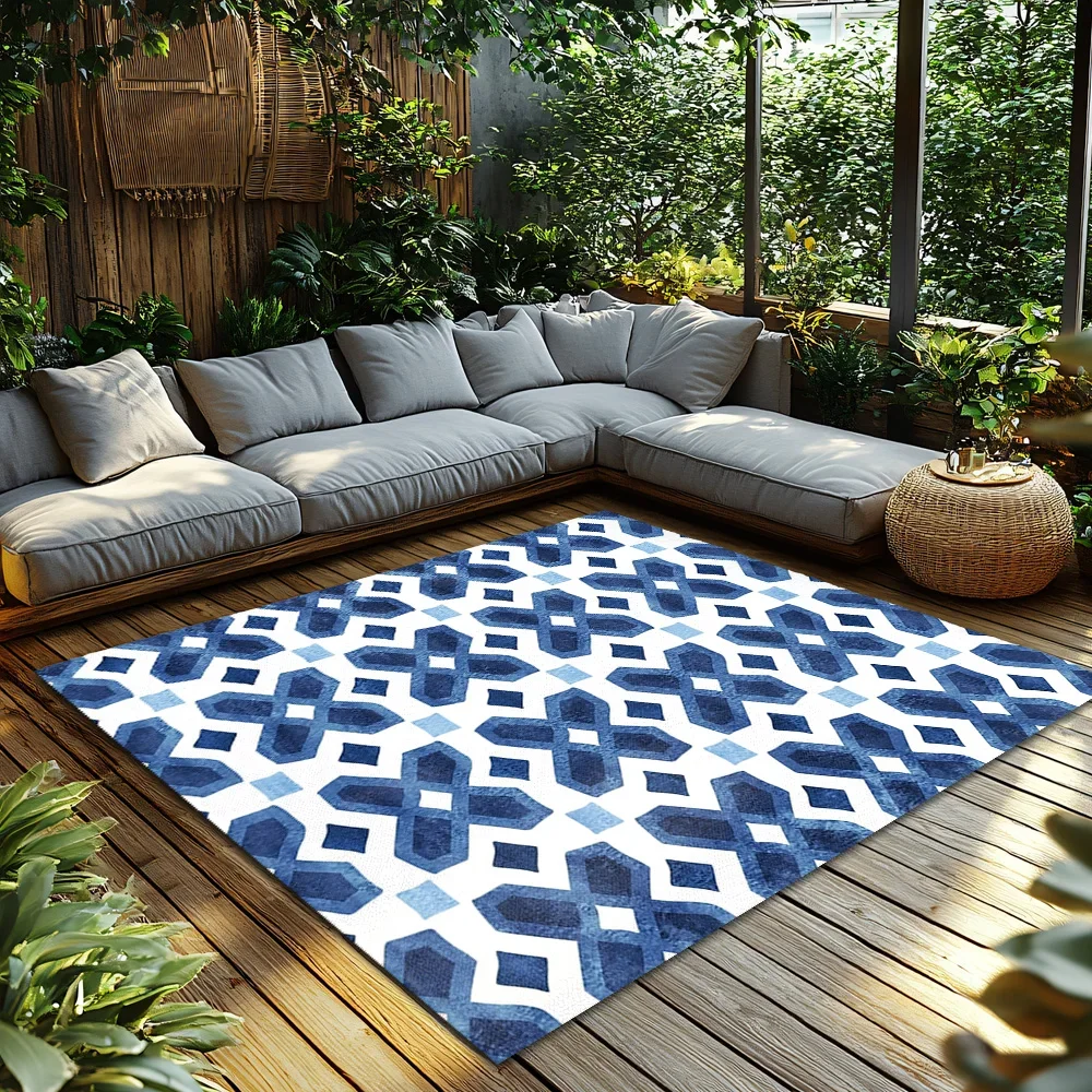 Stylish Blue Geometric Area Rug Non-Slip Floor Mat Modern Living Room Carpet Home Decor Indoor Outdoor Entryway Doormat