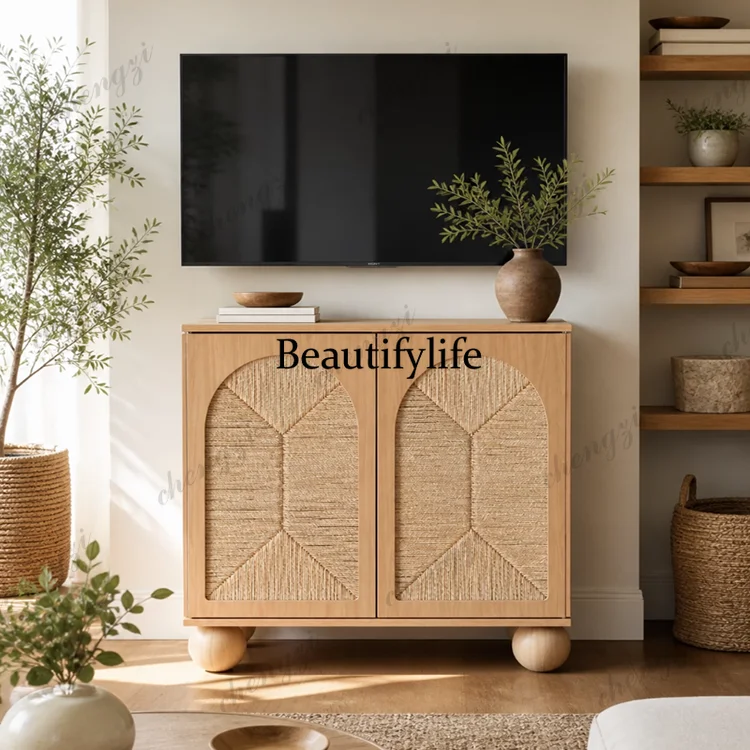 French retro rattan solid wood, storage cabinet, antique decorative cabinet in the living room can be customized
