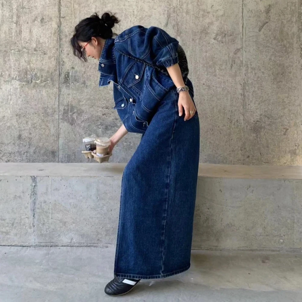 TWOTWINSTYLE Denim Vintage Two Piece Sets For Women Lapel Long Sleeve Coat High Waist Skirt Chic Set Female Fashion Clothing New