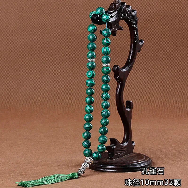 Pulseras de piedra de malaquita verde de 10 mm, colgante de borla, 33 cuentas de oración, Tasbih musulmán islámico, Rosario de Alá Mohammed para mujeres y hombres