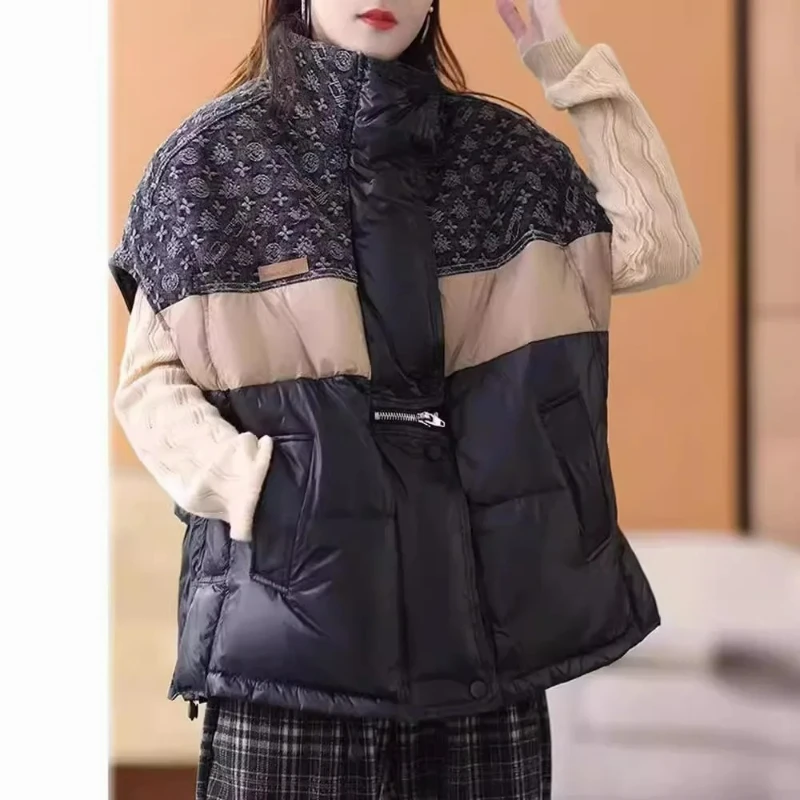 2025 스탠드업 칼라 배색 다운 베스트 여성용 숏 루즈핏 패셔너블 화이트 덕다운 캐미솔 재킷