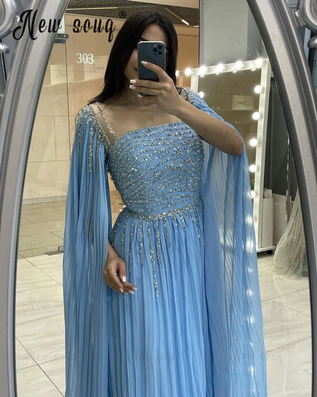 Vestido de baile azul claro Dubai A Line, Mangas compridas, Vestidos de noite frisados prateados, Vestido de noite formal, Vestes muçulmanas, Vestido de jantar