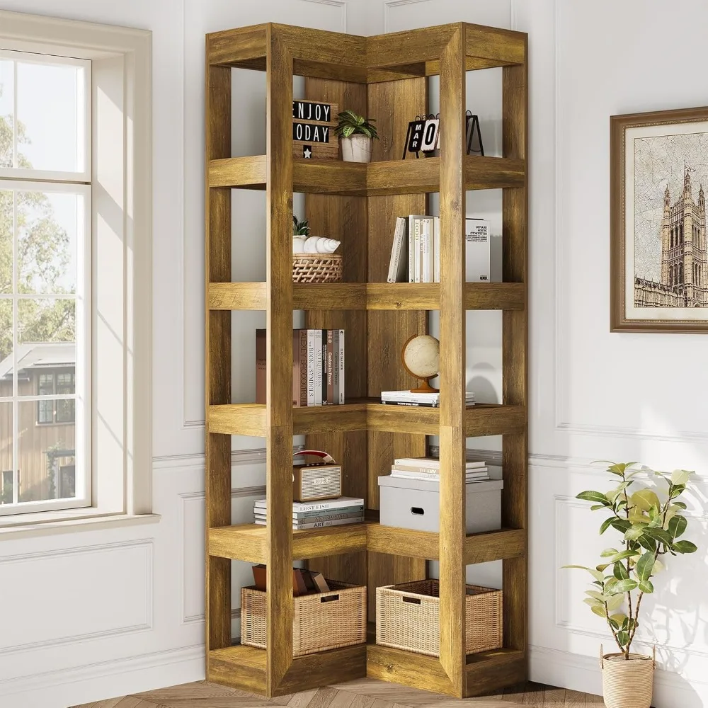 Estantería esquinera grande de 6 niveles, estantería alta de madera en forma de L con almacenamiento para sala de estar y dormitorio