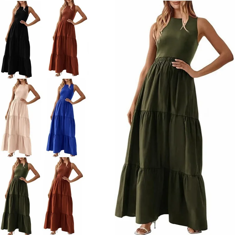 2024 Solid Color Patchwork Summer Women Round Neck Pit Strip Sleeveless Vest Pocket Strapless Tops Slim Large Size Loose Dress