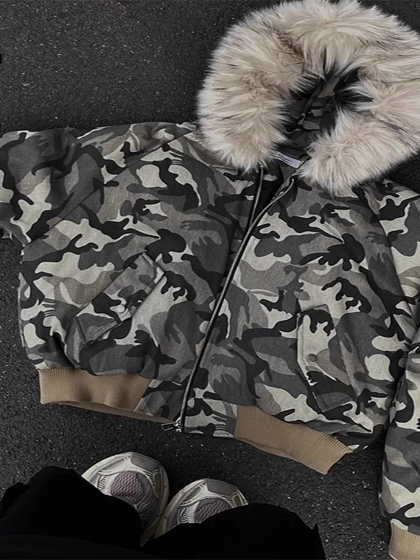 

Unisex Loose Fit Hooded Cotton Jacket 2025 American Camouflage Style Large Fur Collar Retro Casual Outerwear Trendy
