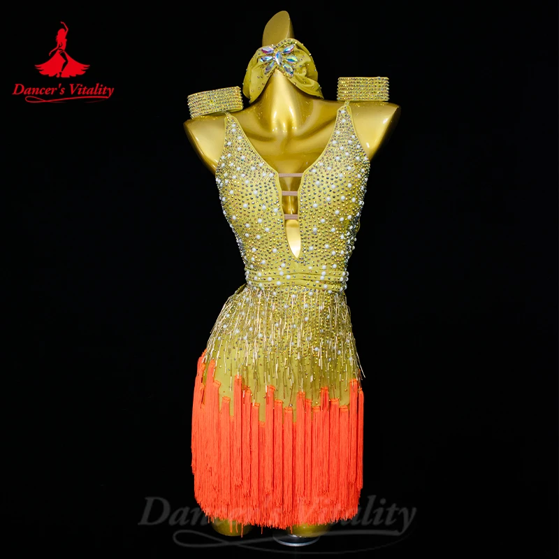 Latin Dance Competition Dresses Customized Exquisite Pearl Full Diamond Tassel Dress Women Tango Rumba Samba Performance Costume