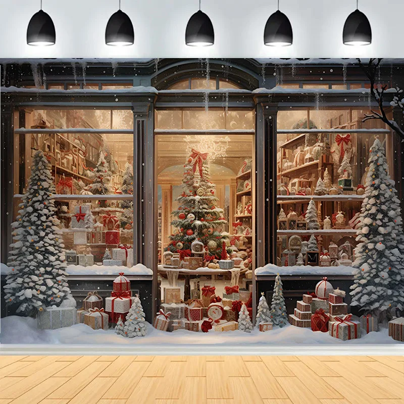 

Christmas Day Wreath Family New Year Party Photography Backdrops Prop Window Living Room Xmas Tree Gift Snow Background BV-15