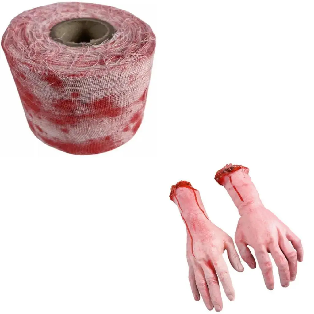 

652F Scary Blood Bandage Broken Severed Hands Halloween Bloody Cloth Strips Decorations Blood Gauze Bandage
