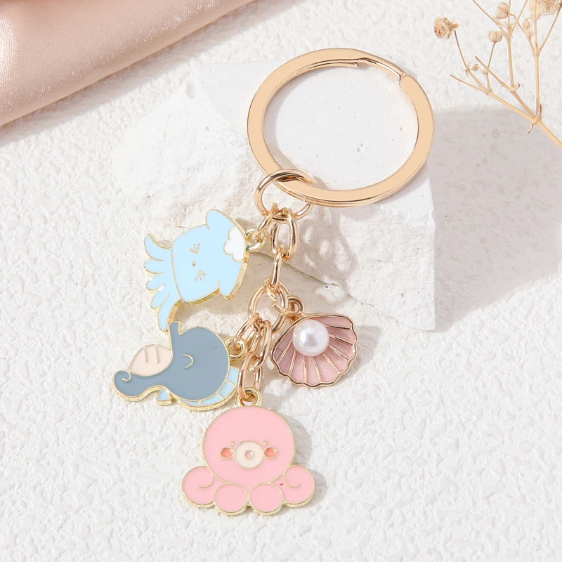 Cute Jellyfish Octopus Hippocampus Enamel Keychains Lovely Shell Ocean Life Key Ring For Women Girls Friendship Handmade Gift