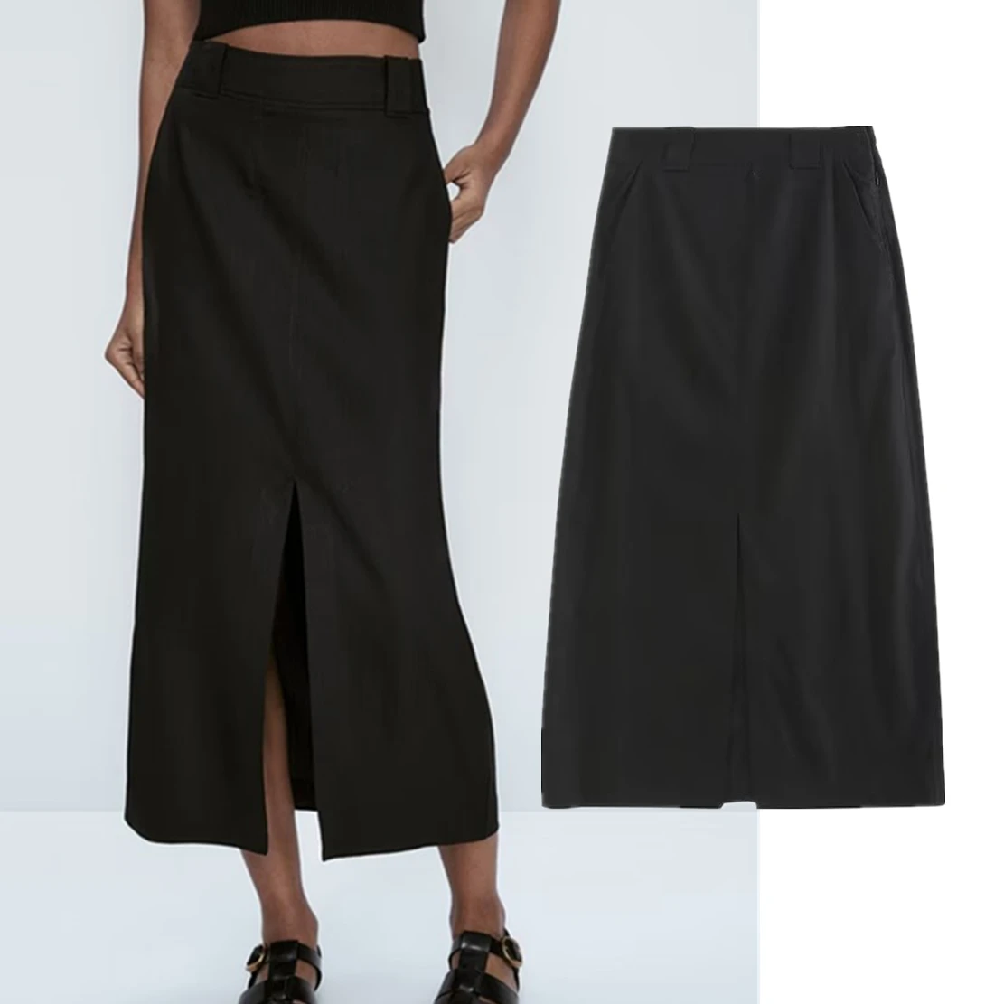 Jenny&Dave Indie Folk Casual Office Lady Linen Split Skirt Women Fashion Retro Black Midi Skirt