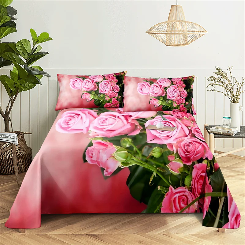 Pink Rose Queen Sheet Set Girl Lady's Room Flowers Bedding Set Bed Sheets and Pillowcases Bedding Flat Sheet Bed Sheet Set