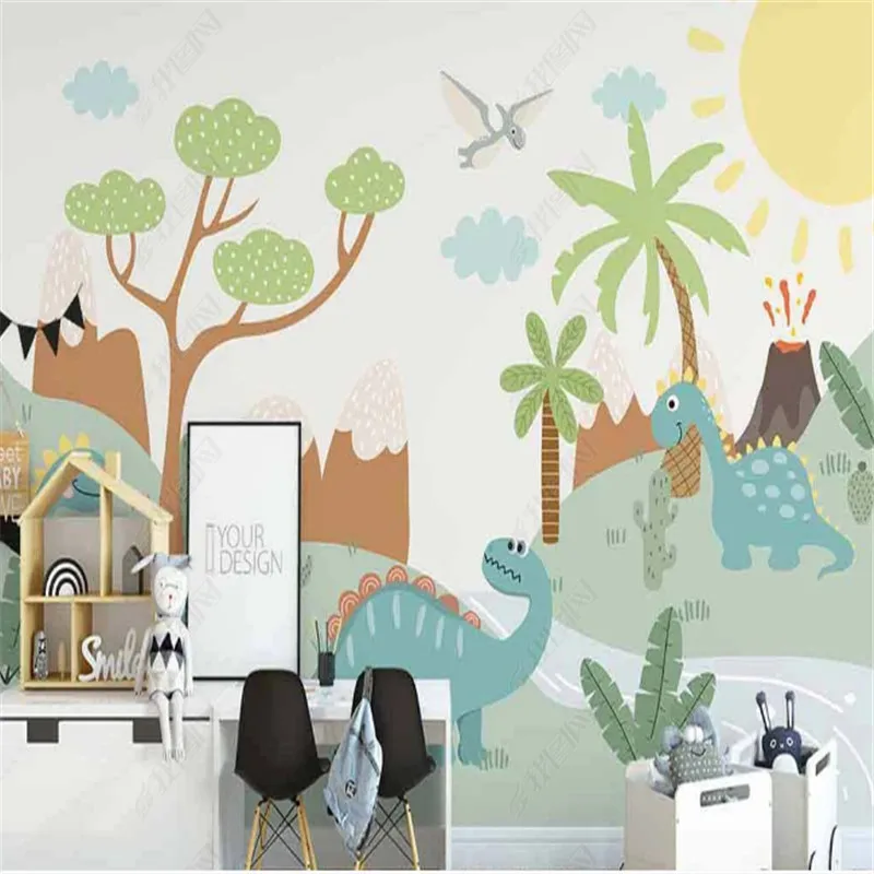 

Blue Dinosaur Mountains Scenery Home Decor Mural Wallpaper for Kid's Room Tree Sunrise Children's Room Background Wall Papers