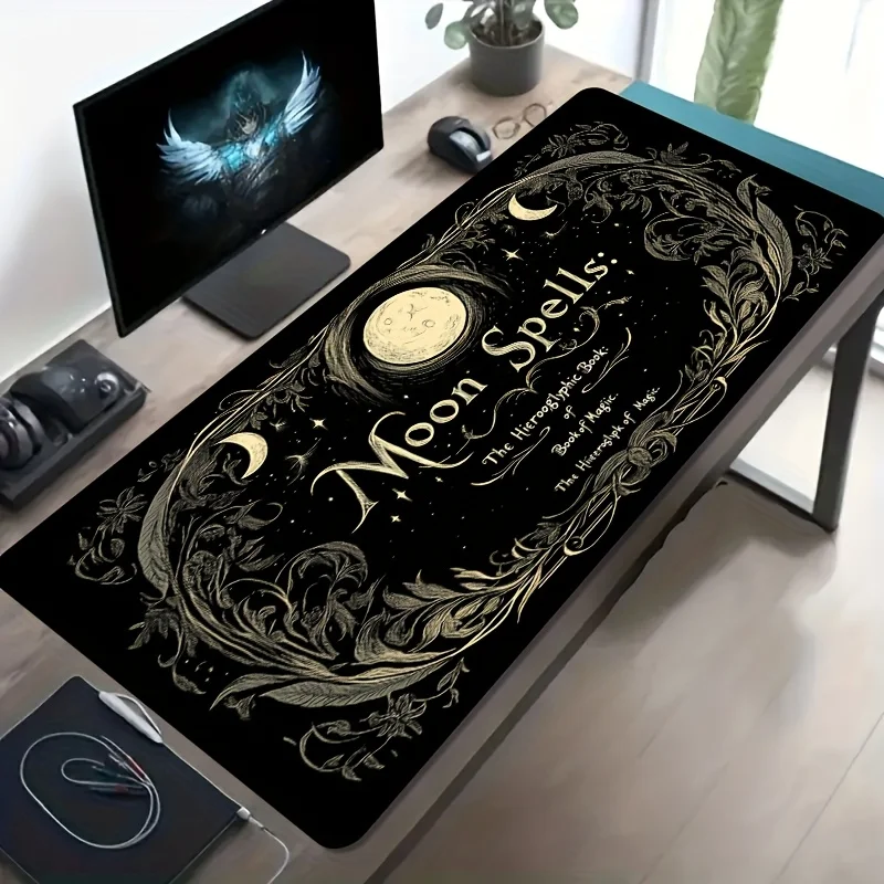 Alfombrilla de Escritorio con Diseño de Libro de Hechizos Lunares, Alfombrilla de Ratón Grande y Extendida de Goma Antideslizante para Juegos, para PC, Portátil y Oficina