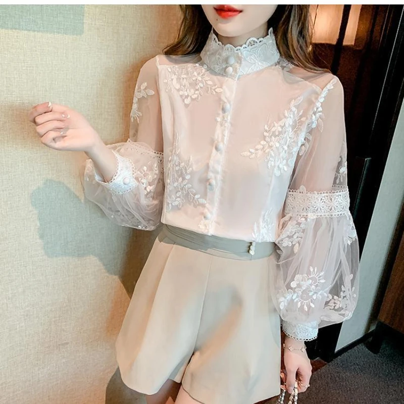 Korean Sweet Spring New Women\'s Stand Colla Solid Lace Embroid Button Patchwork Fashion Loose Lantern Sleeve Chiffon Shirt Tops