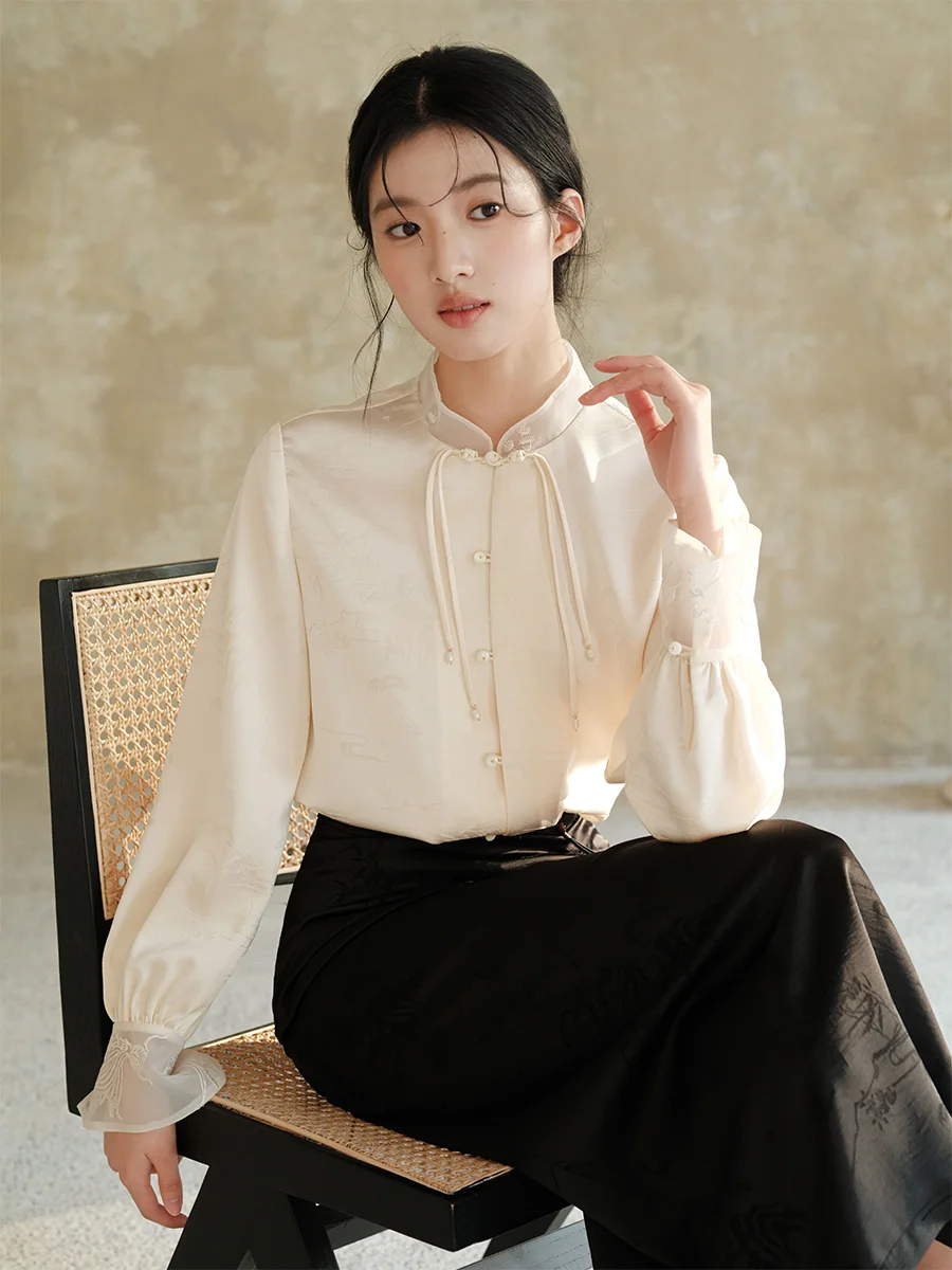 

Ele Chinese Sle Women's irt with Lace Patchwork And Hidden Pattern Embroidery Spring 2026 Faion Trend Loose Fit Lon...