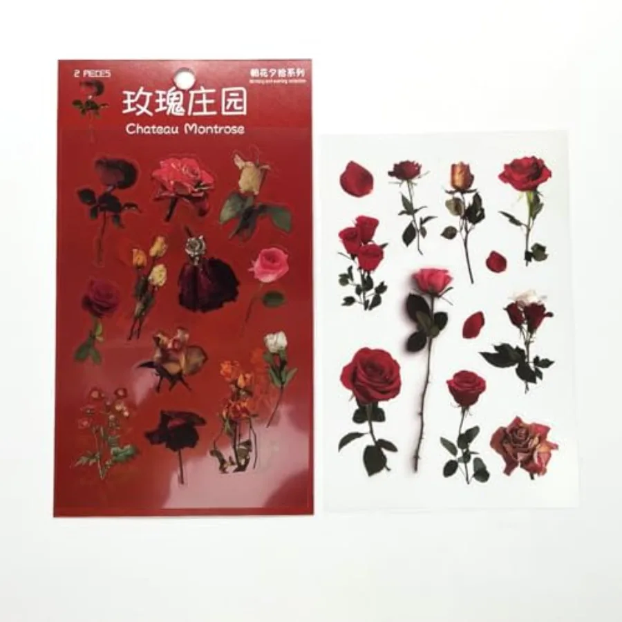 

2 листа красных розы, зеленые листья, виниловые мешалки, прозрачные эстетические пластиковые наклейки для скрапбукинга, конверты, бутылка для воды