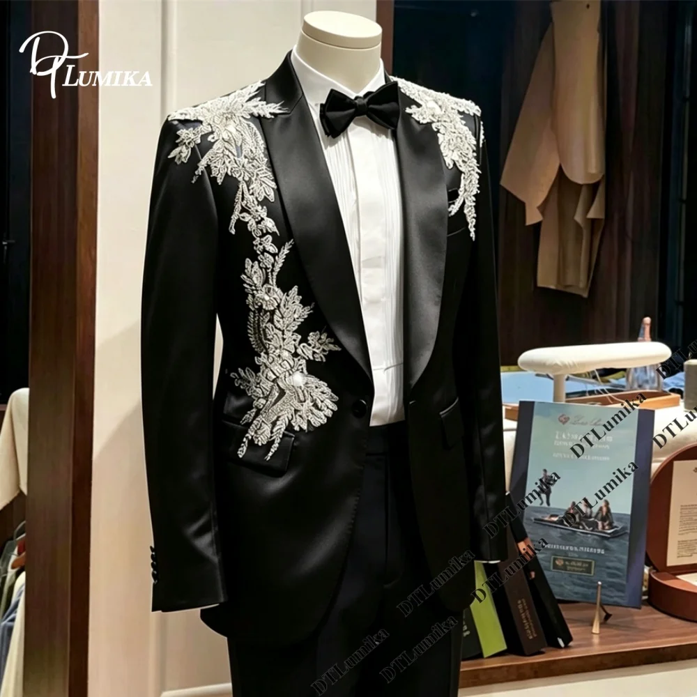 

Luxury Satin Two Pieces Suit Set for Men, Black-Tie Evening Party Tuxedo Wedding Groom Suit Including Beaded Jacket and Pants