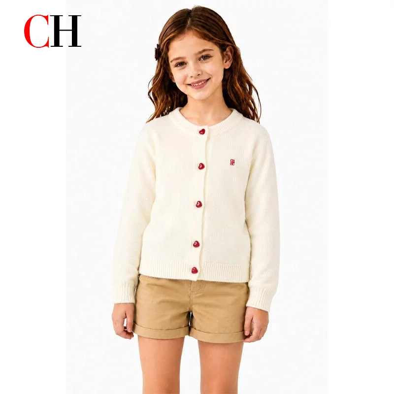 CH Girls Knit Cardigan Sweater Crew Neck Long Sleeve Heart Button Casual Soft Jacket for Kids Spring Autumn