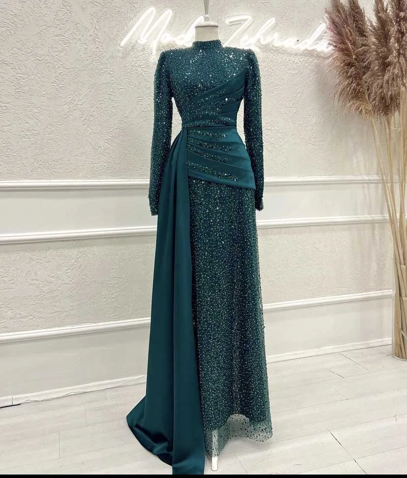 

Muslim Prom Dress High Collar Beaded Lace Long Sleeve Sheath Vestidos De Formature with Overskirt