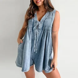 2024 tuta da donna con scollo a v e tasca con lacci Casual pantaloncini senza maniche vuoti pagliaccetto Sexy senza maniche tuta corta in Denim estivo pieghettato