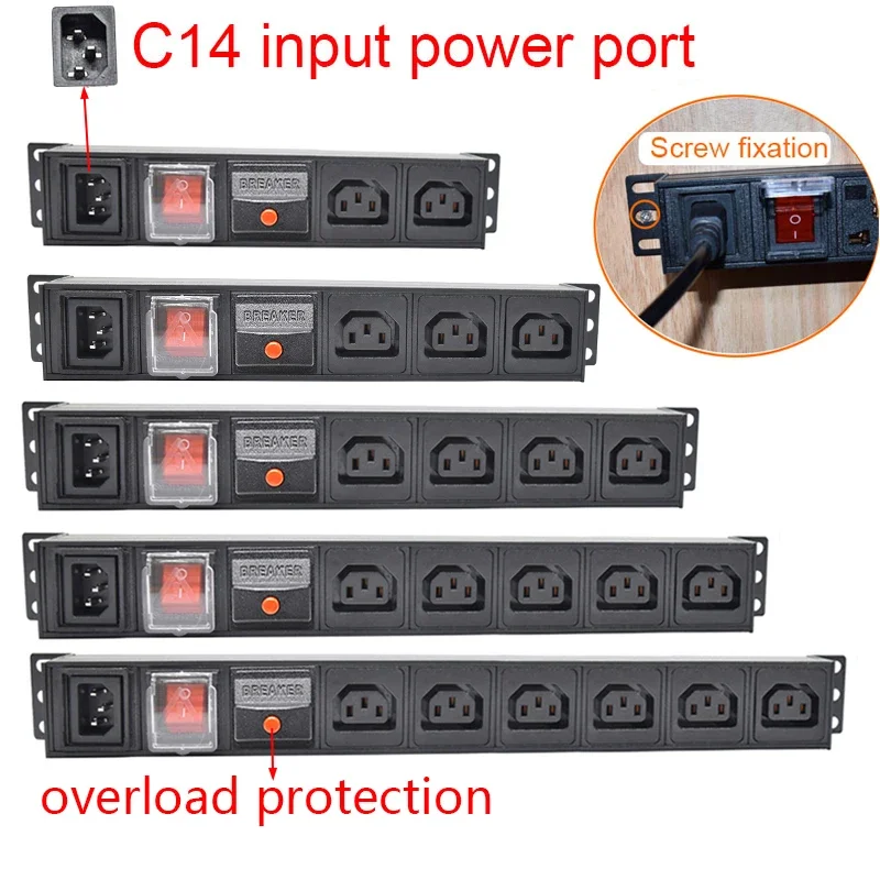 

PDU Power Strip Unit C14 Interface overload protection switch 2-10Ways C13 Outlet SocketFor Cabinet Rack Wall Desktop Mounted