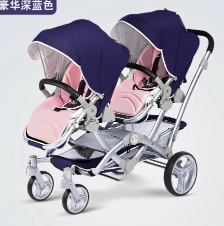 Hoogwaardige tweelingkinderwagen Tweerichtingskinderwagen, lichtgewicht, opvouwbaar en kan zitten of liggen voor pasgeborenen