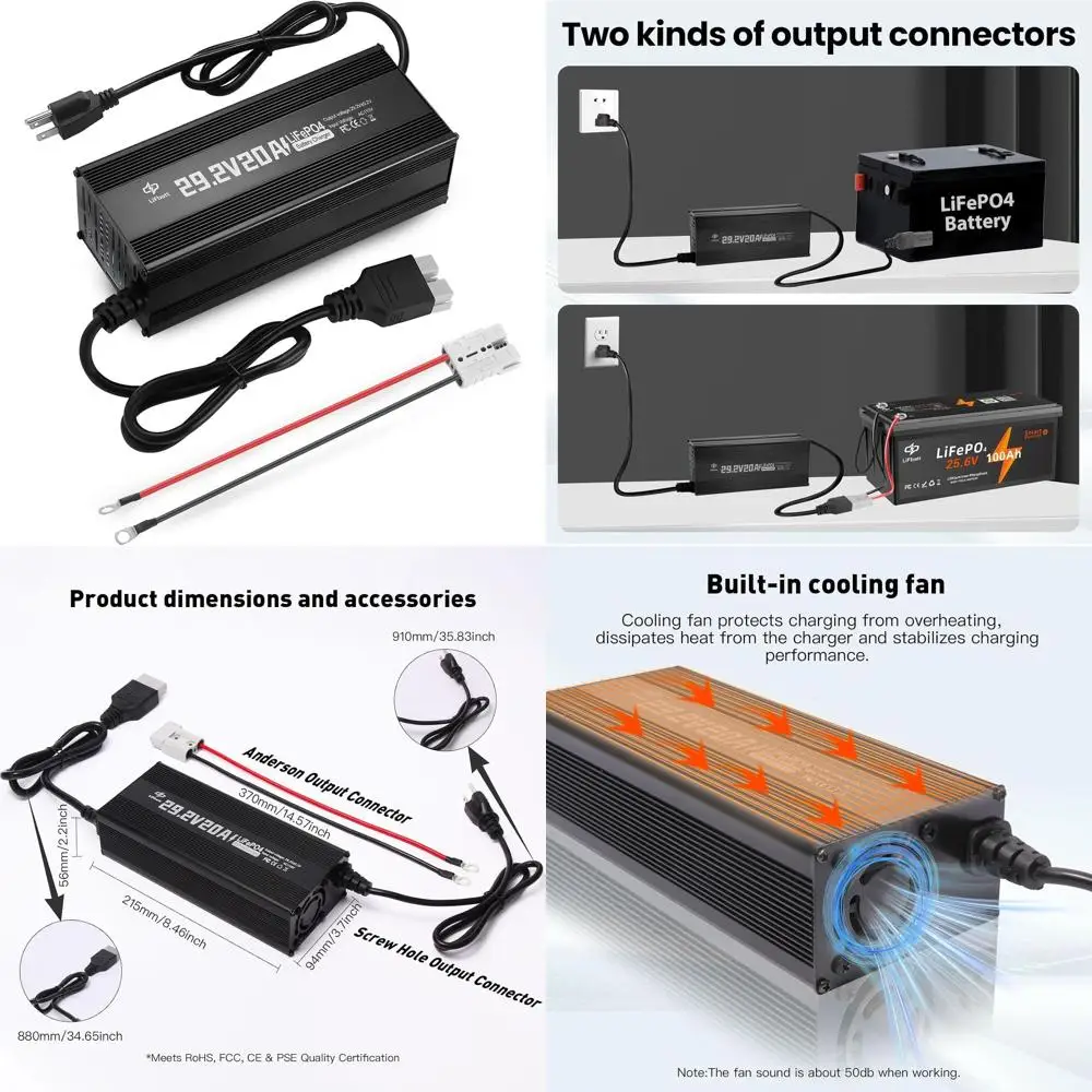

Зарядное устройство LiFePO4 24 В, 20 А, интеллектуальное зарядное устройство для литиевой батареи 29,2 В с разъемом Anderson и переходным кабелем Anderson-M8, для