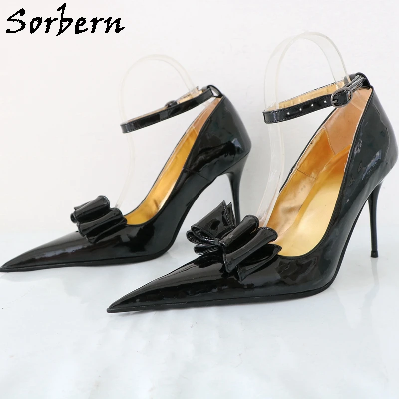 Sorbern Black Shiny Bowknot Women Pump Shoes Ankle Strap Long Pointed Toe 10Cm Metal High Heel Stilettos Custom Colors