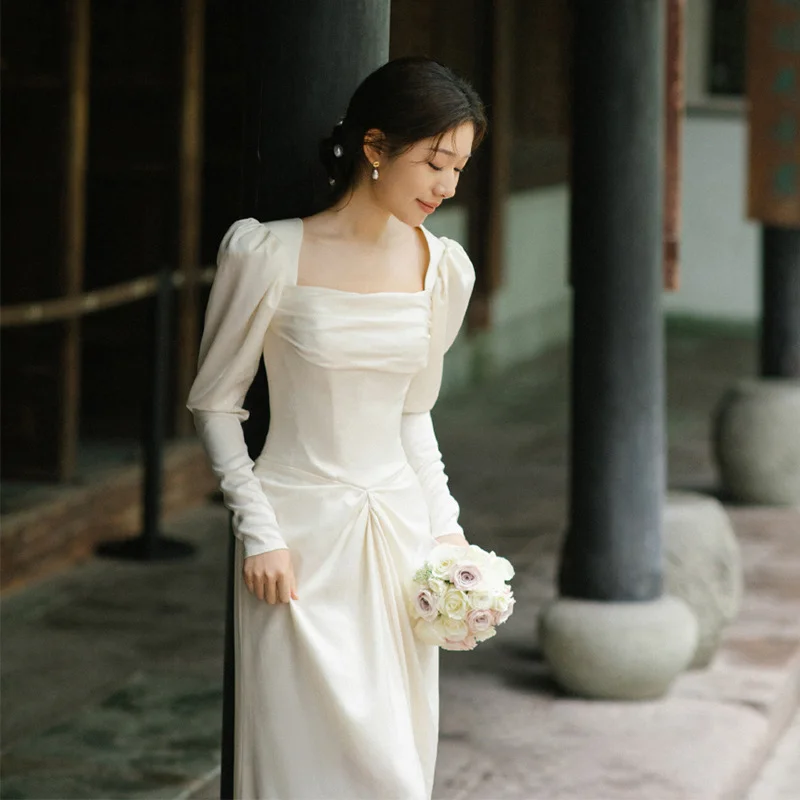 

2024 Korean Satin Light Wedding Dress White Simple Long Sleeve Going out Dress Bridal Charm Fishtail Slim Evening Dress Girl