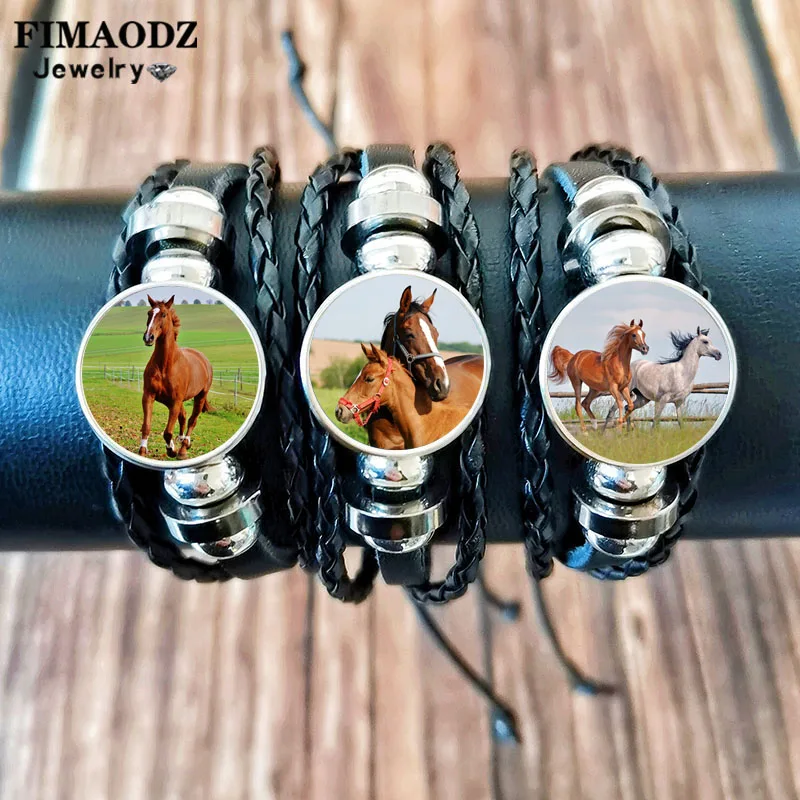 Pulsera de cuero con diseño de caballo para hombre y mujer, brazalete tejido con cuentas hechas a mano, color negro, blanco y marrón, joyería para niños