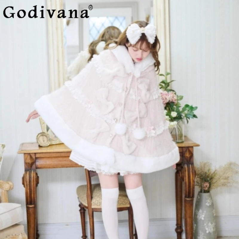 

Liz Lolita Capes 2025 Autumn Winter Japanese Sweet Bow Plush Warm Thick Knit Hooded Cloak Princess Knit Ponchos Short Jacket