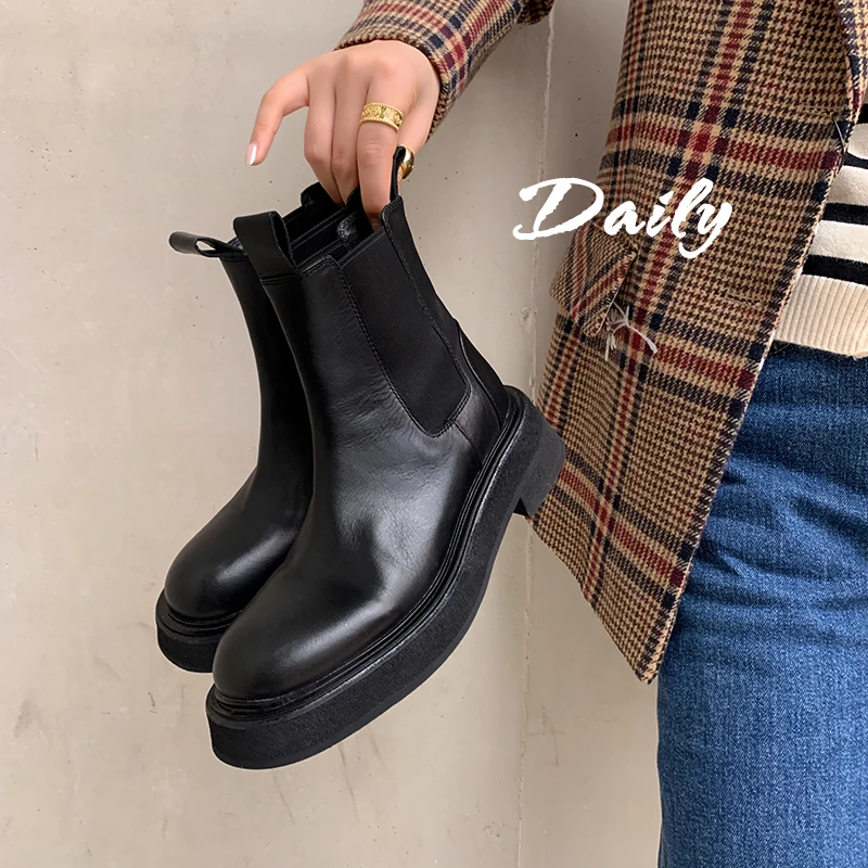 2023 new Autumn winter women ankle boots natural leather 22-25cm cowhide+pigskin Chelsea Boots Chimney boots platform boots