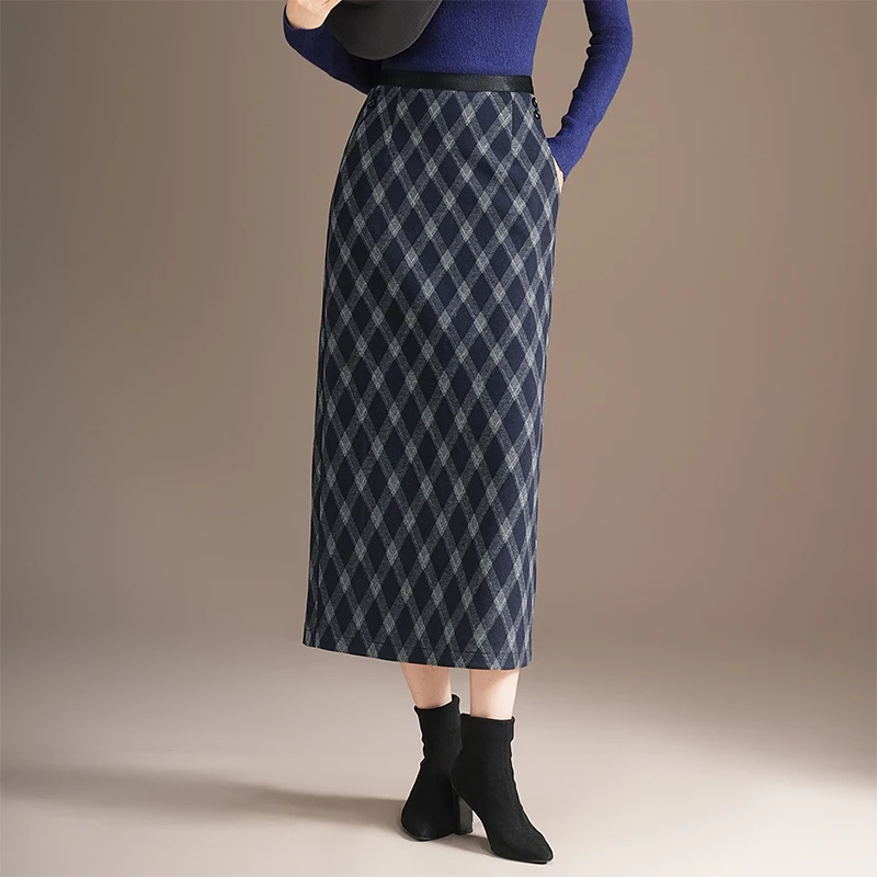 

Юбка-карандаш из твида в клетку с высокой талией, средней длины, прямого кроя, осенне-зимняя новинка для женщин, деловой повседневный стиль, для прогулок