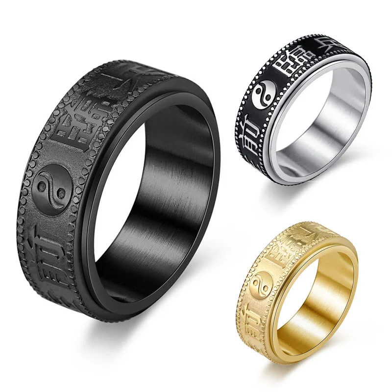 

Retro 8mm Black Steel Band Rings for Men Boys Yin Yang Taichi Fidget Spinner Ring For Daliy Wear And Stress Release